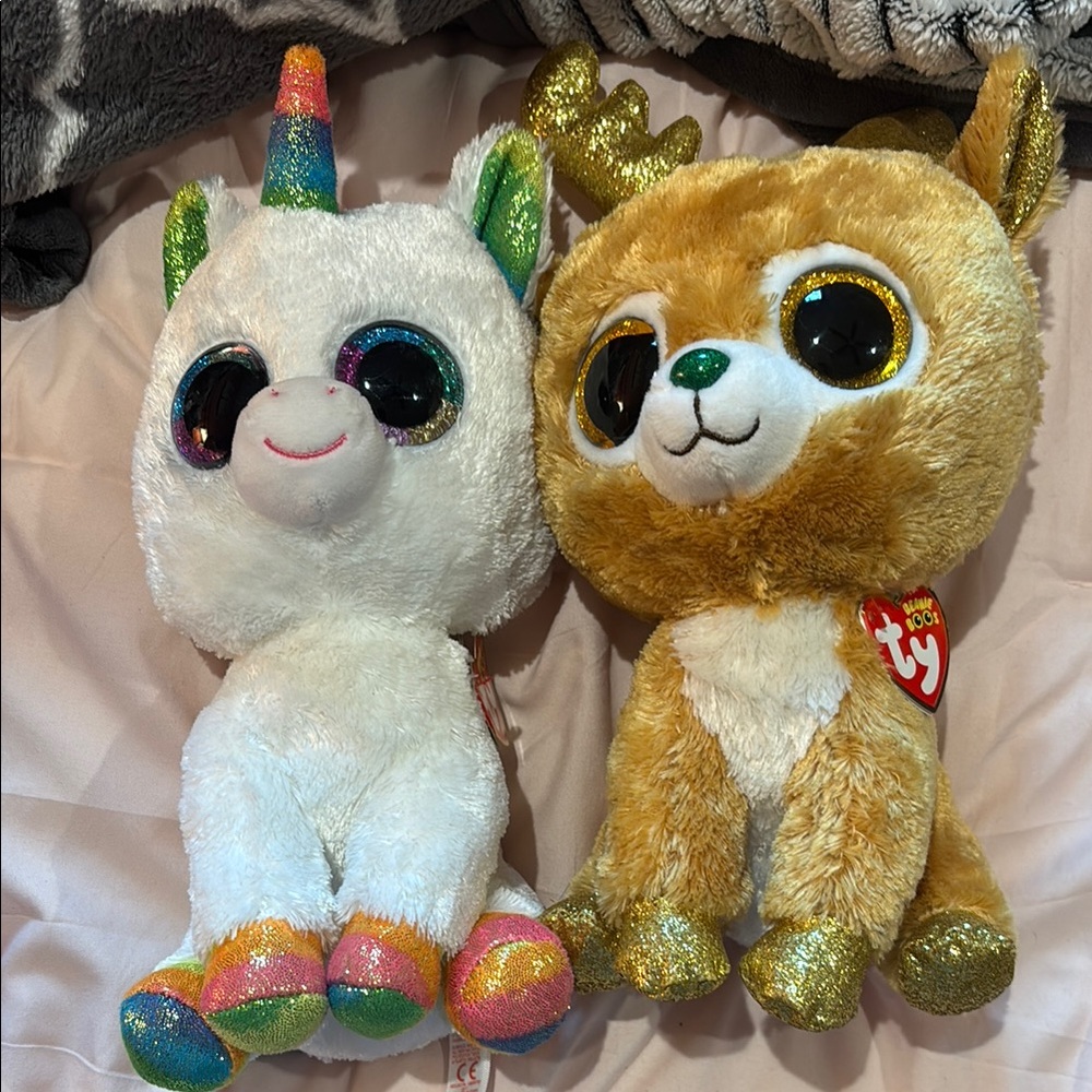 Ty Plush Unicorn and Reindeer Set - White and Gold